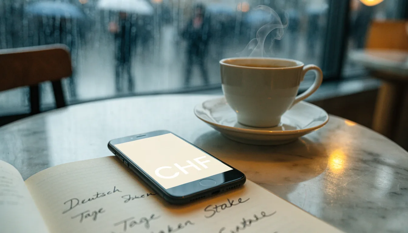 Ein Café-Tisch am Fenster mit einer Teetasse, draussen ein nasser Gehweg und Passanten mit Regenschirmen in unscharfer Ferne.