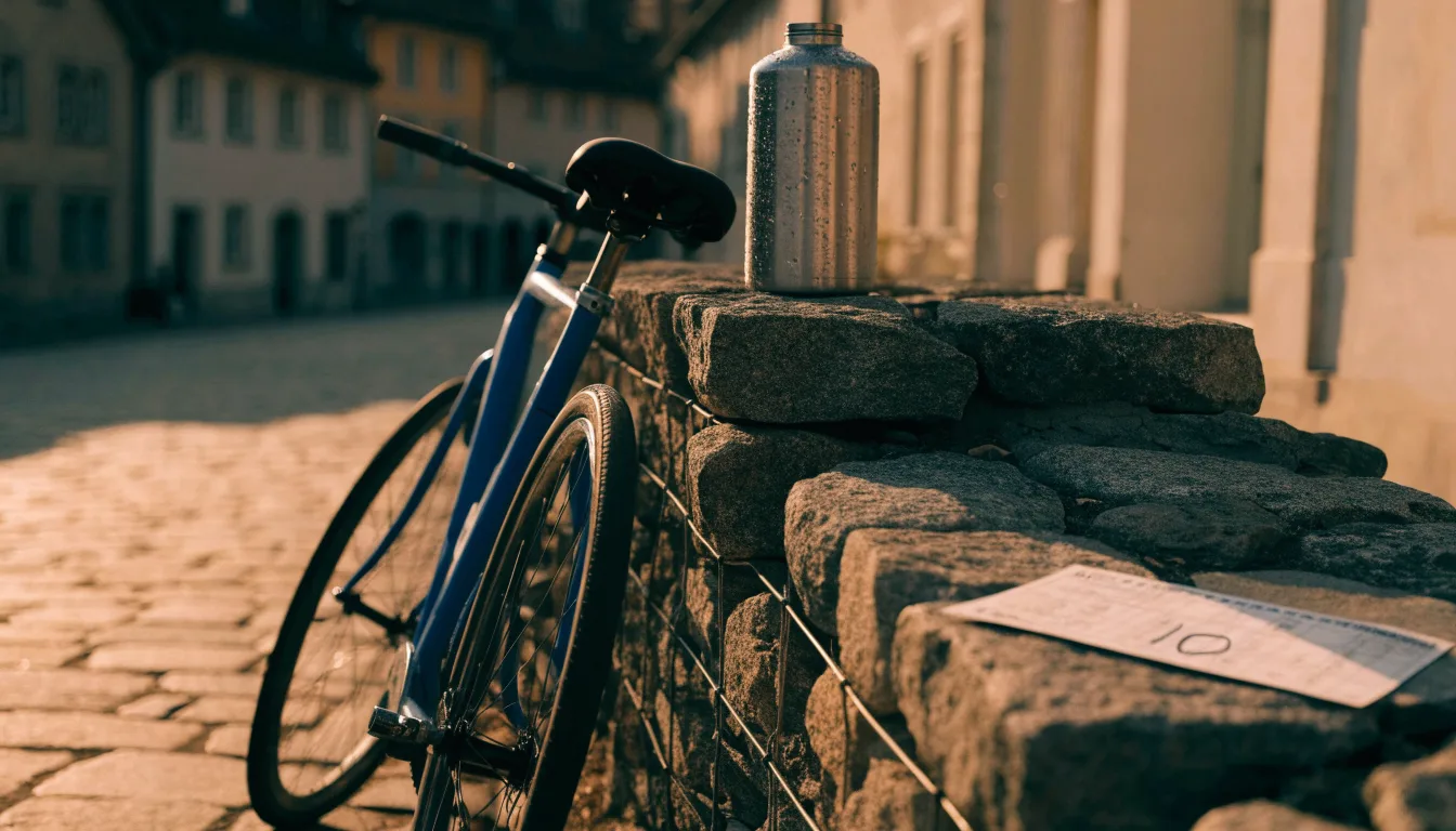 Ein Rennrad lehnt an einer Steinmauer am Rand eines Dorfplatzes, daneben eine Trinkflasche im ersten Sonnenlicht.