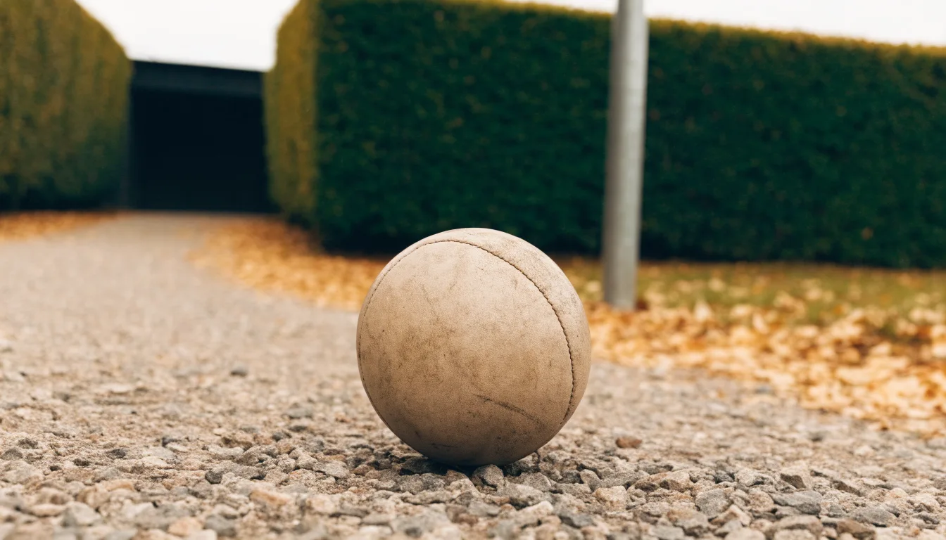 Ein abgenutzter Fussball liegt auf einem Kiesweg neben dem Eingang eines Vereinsplatzes, Laub liegt auf dem Boden.