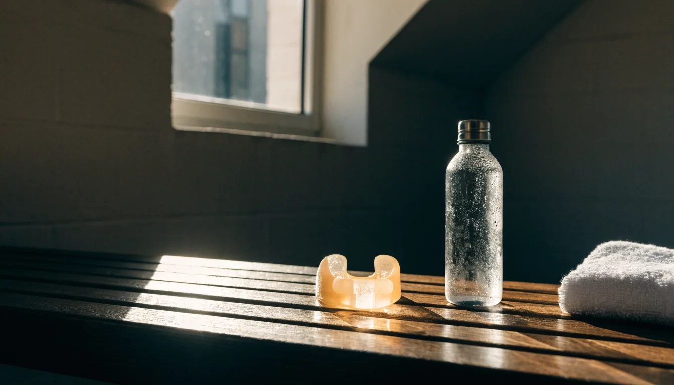 Ein Mundschutz liegt auf einer Holzbank neben einer Trinkflasche in einer schlichten Kabine, durch das Fenster fällt Morgenlicht.