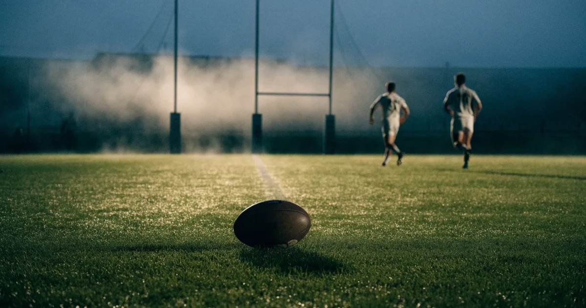 Ein ovaler Rugbyball liegt auf feuchtem Rasen vor zwei hohen Torstangen, hinter dem Spielfeld steigen Nebelschwaden auf.