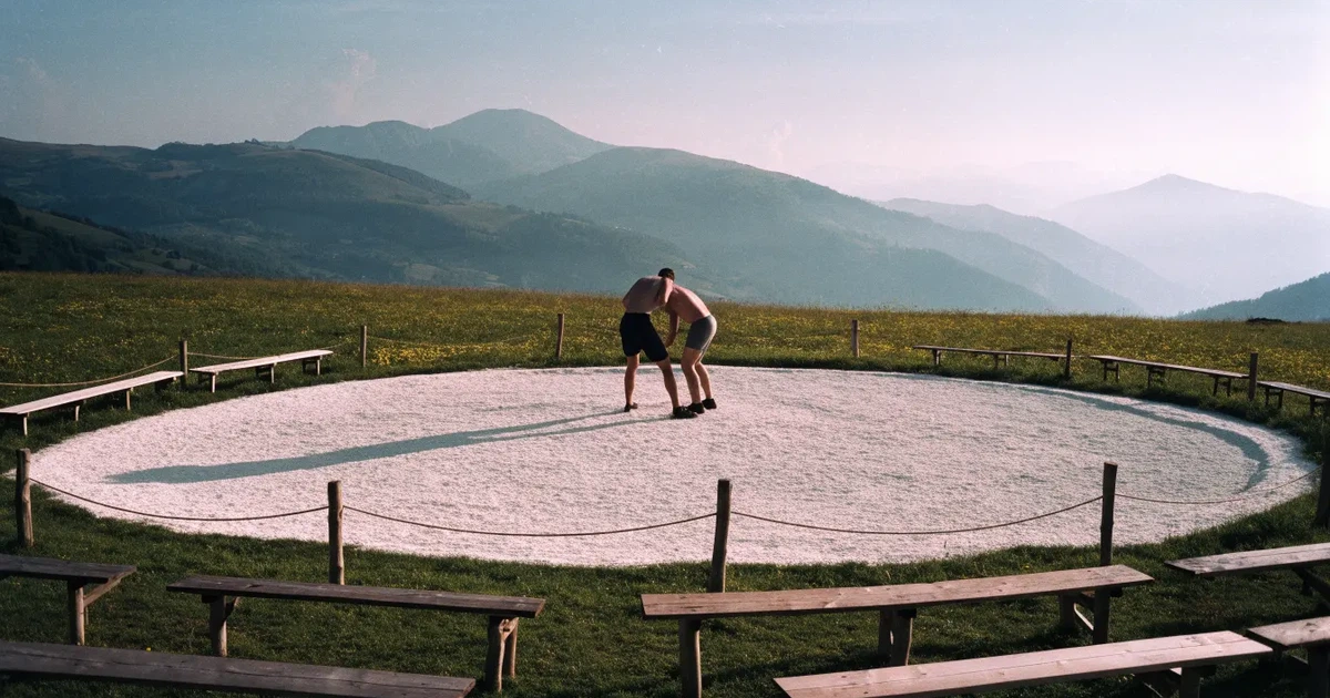 Ein kreisrunder Sägemehlring auf einer Wiese in den Voralpen, leere Holzbänke ringsum, im Hintergrund Berge im Morgenlicht.
