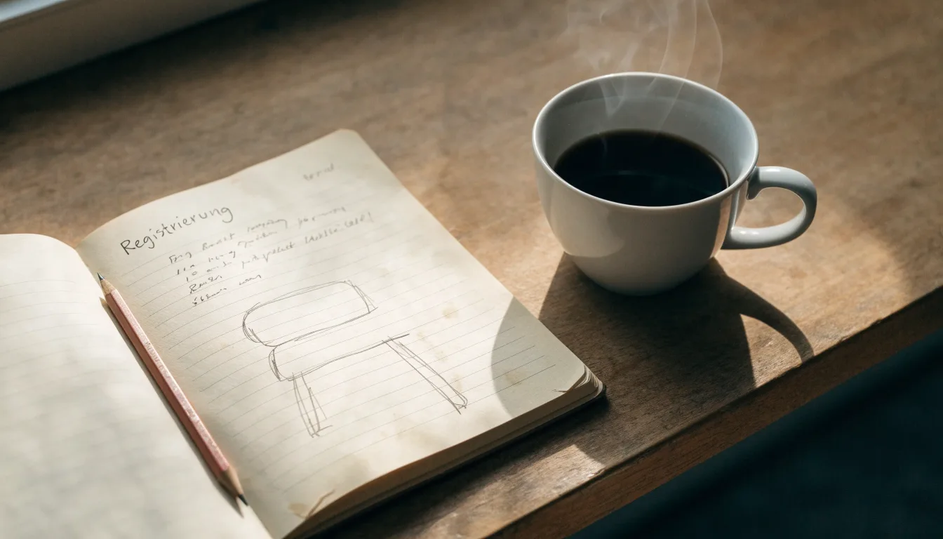 Ein aufgeschlagenes Notizbuch mit handschriftlichen Skizzen neben einem Bleistift und einer Kaffeetasse auf einem Holztisch.