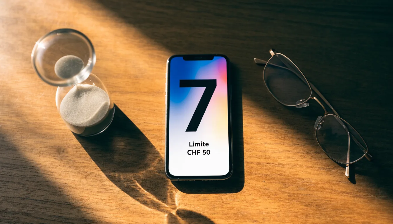 Eine Sanduhr steht auf einem Holztisch neben einem umgedrehten Smartphone, warmes Licht fällt von der Seite ein.