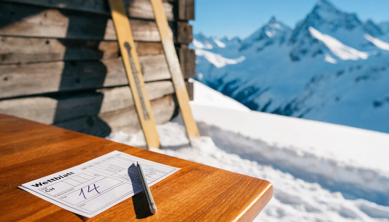 Zwei Skier stecken aufrecht im Schnee neben einer Holzhütte, dahinter ein weites Alpenpanorama bei klarem Himmel.