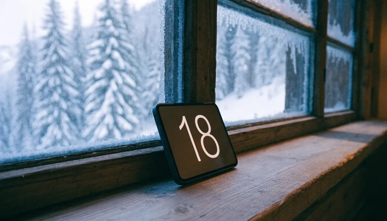 Ein vereistes Fenster einer Berghütte mit Blick auf verschneite Tannen im blassen Winterlicht.