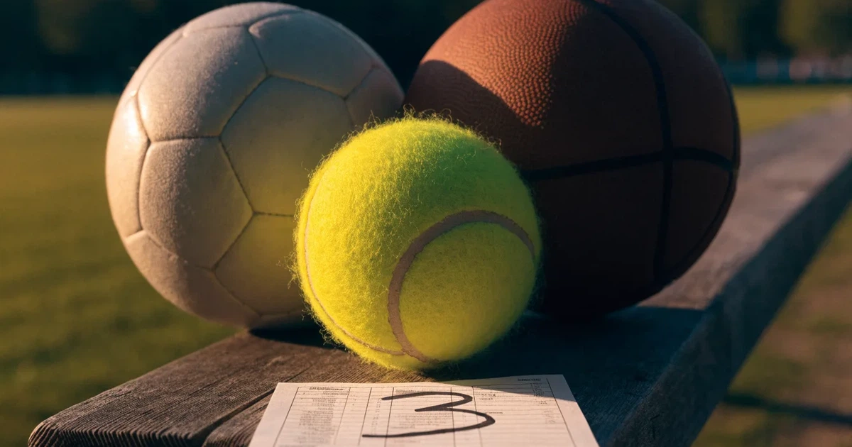 Drei Sportbälle, ein Fussball, ein Tennisball und ein Basketball, liegen nebeneinander auf einer Holzbank.