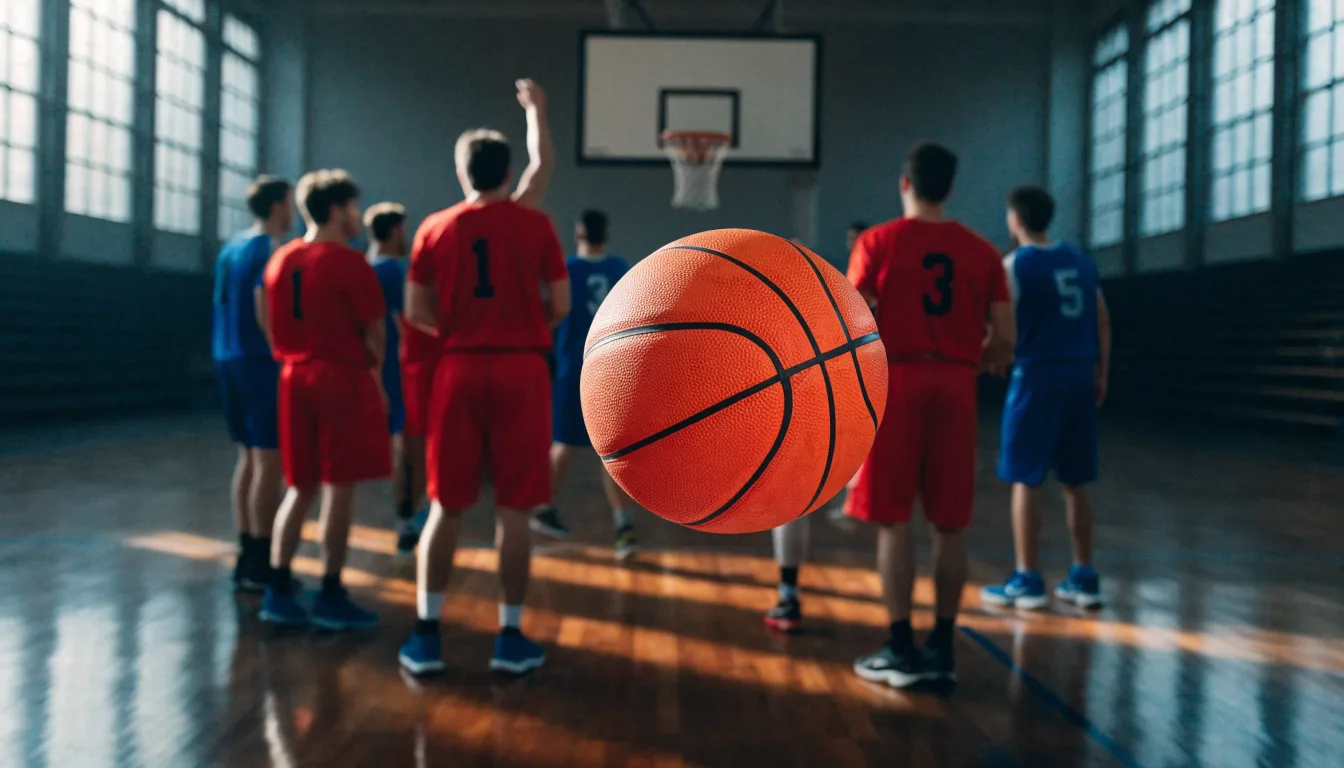 Ein Basketballkorb hängt in einer leeren Turnhalle, durch hohe Fenster fällt Licht auf das Holzparkett.