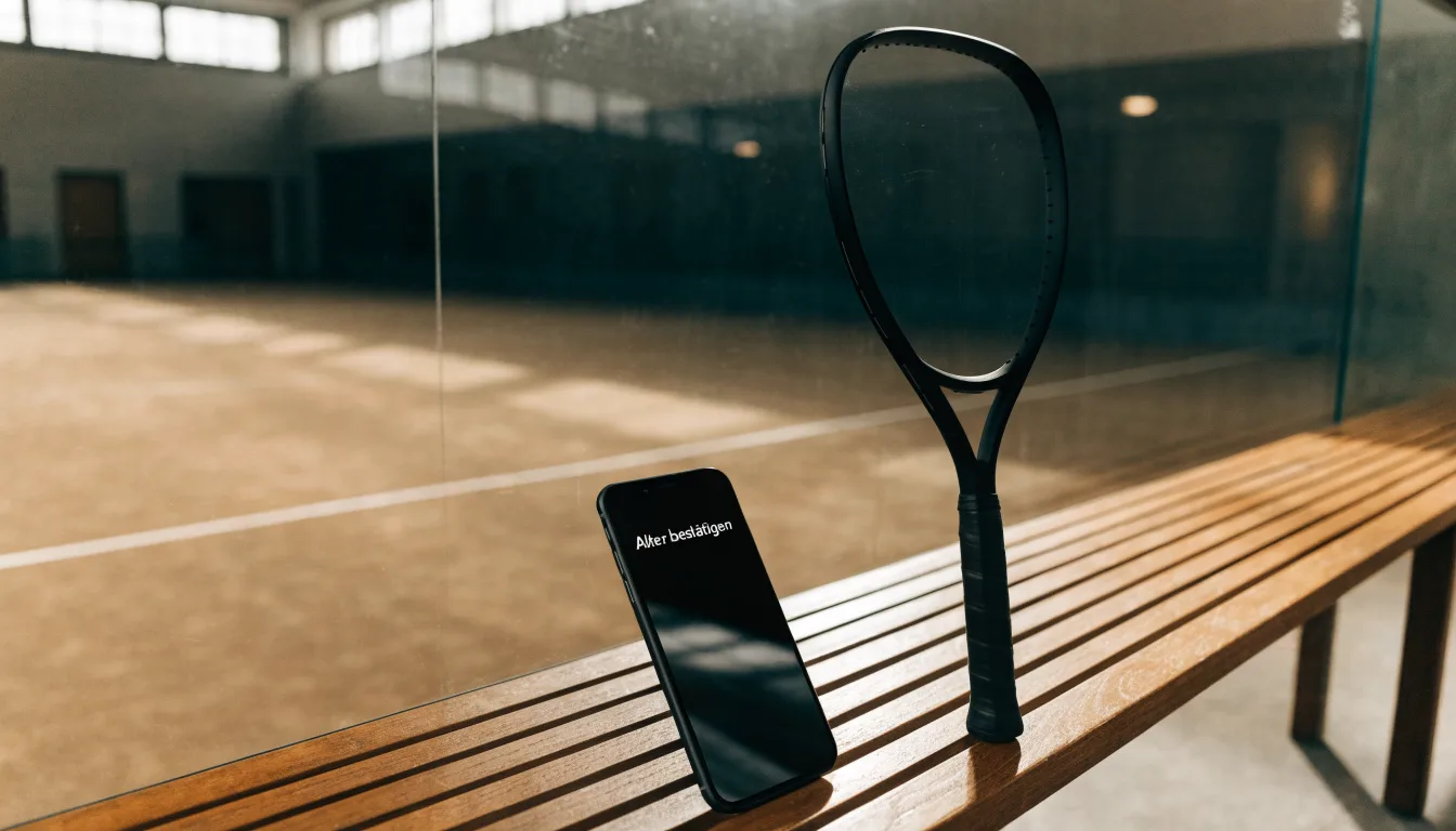 Ein Squashschläger lehnt an der Glaswand eines leeren Courts, draussen fällt Tageslicht in den Gang.