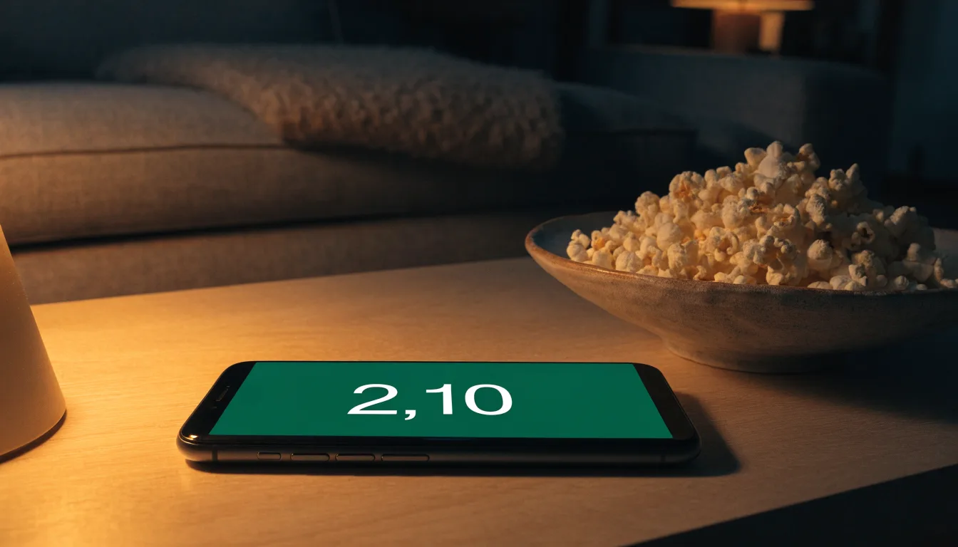Ein Sofa mit Wolldecke und eine Schale Popcorn auf dem Couchtisch in einem Wohnzimmer bei Lampenlicht am späten Abend.