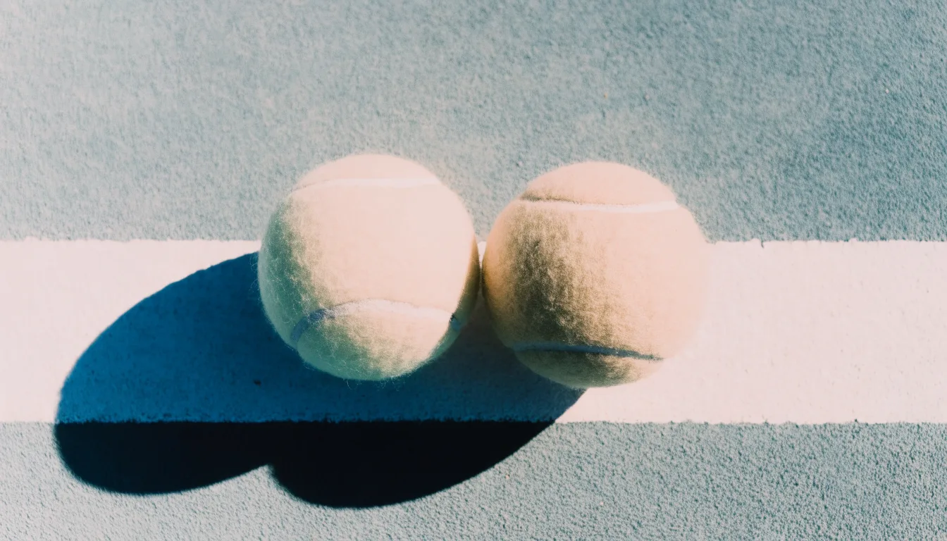 Zwei Tennisbälle liegen auf der weissen Grundlinie eines Hartplatzes im grellen Sonnenlicht.