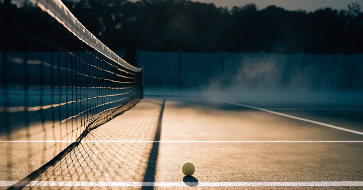 Ein leerer Tennisplatz im Morgengrauen, der Netzschatten fällt lang über den Platz, über der Grundlinie liegt leichter Nebel.