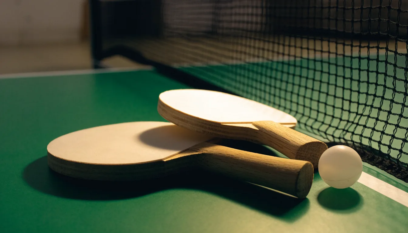 Zwei Tischtennisschläger liegen gekreuzt am Rand einer Platte, daneben ein kleiner weisser Ball.