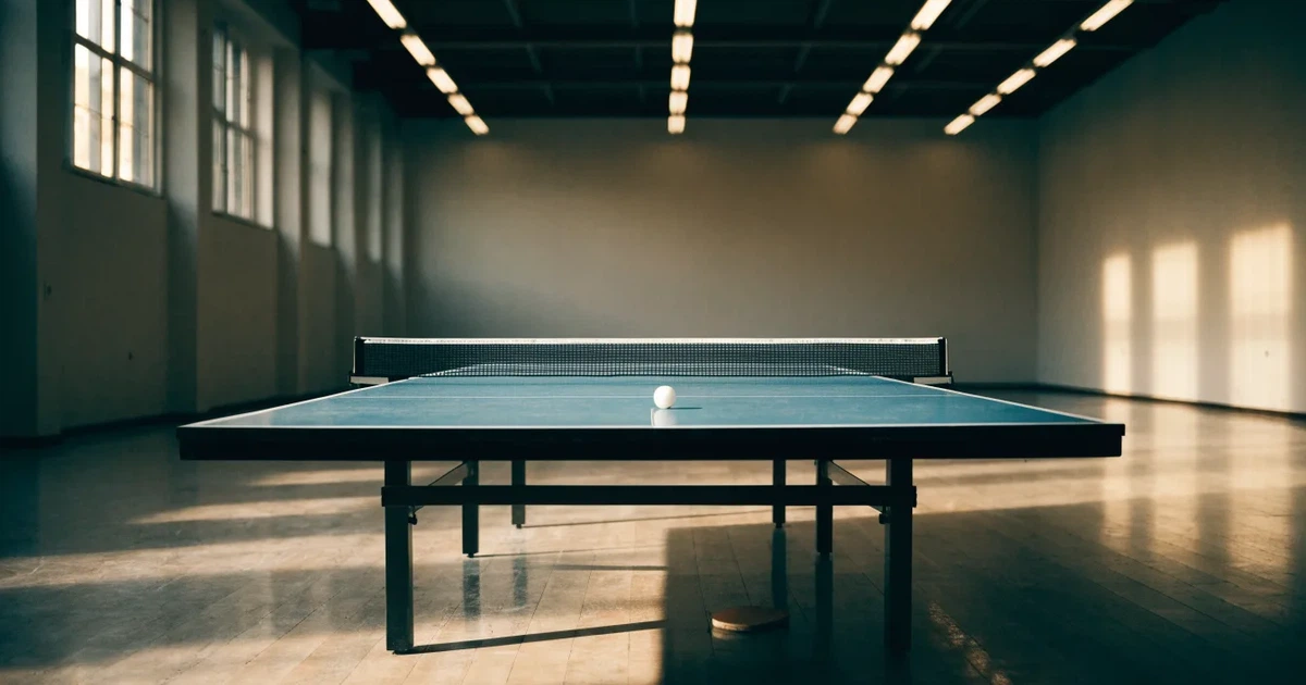 Eine Tischtennisplatte mit Netz in einer leeren Sporthalle, ein heller Ball liegt auf einer Seite, Deckenlicht spiegelt sich im Hallenboden.