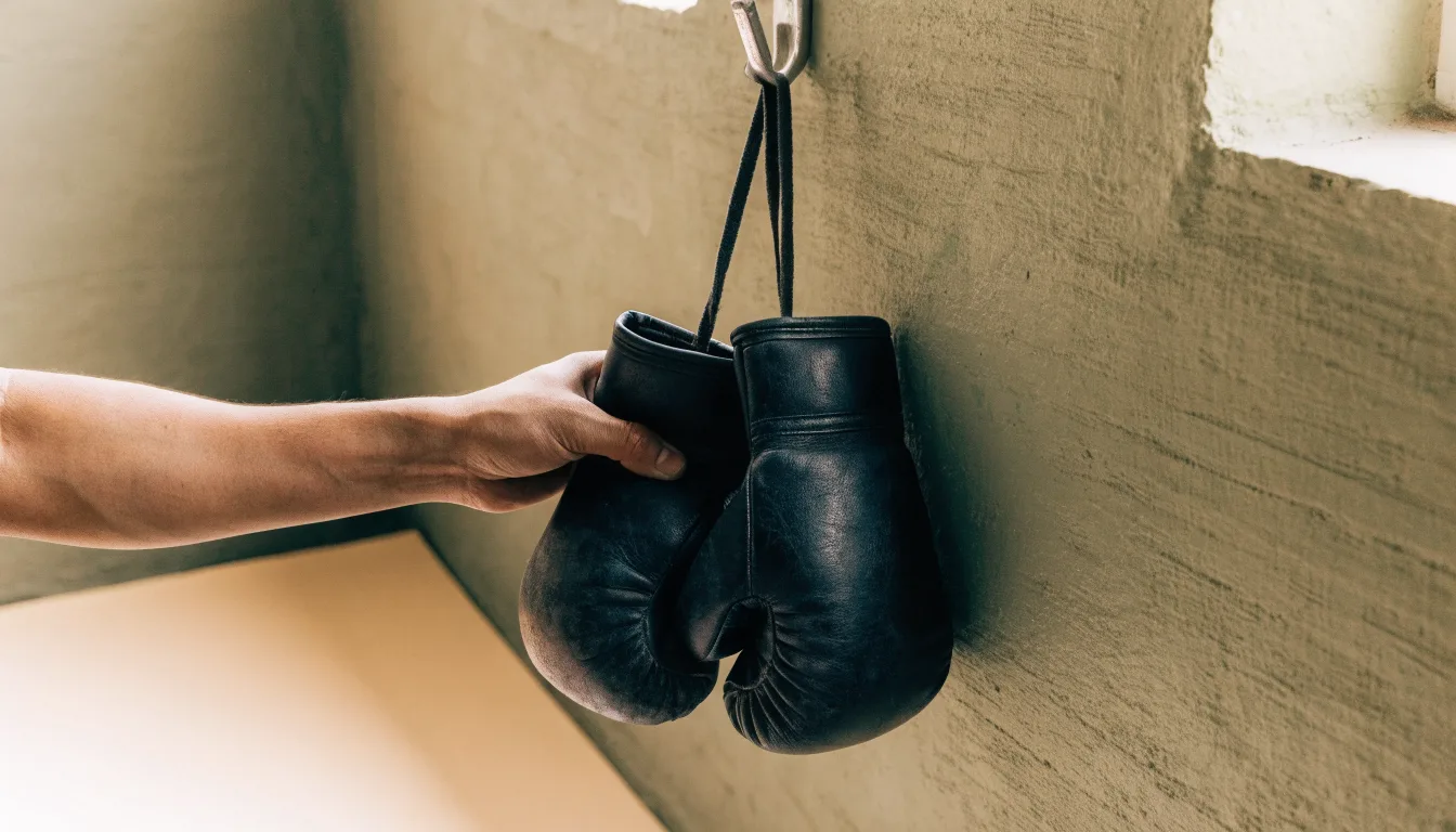 Ein Paar abgegriffener Kampfsporthandschuhe hängt an einem Haken in einem Trainingsraum.
