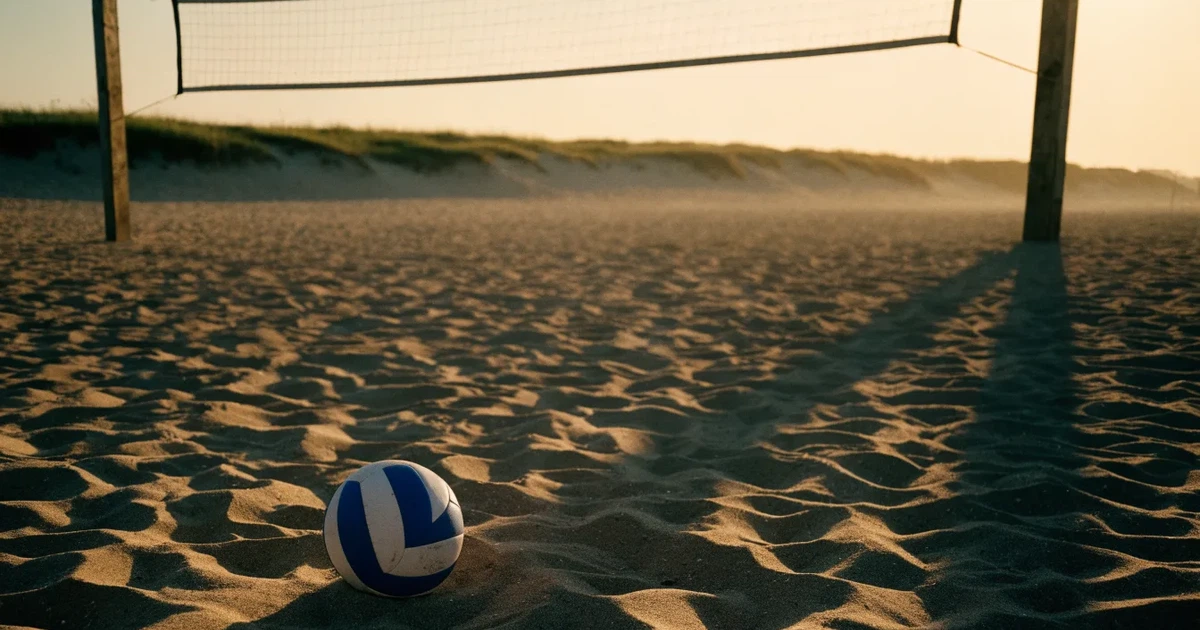 Ein Volleyball liegt im Sand eines Beachplatzes, zwischen zwei Pfosten ist ein Netz gespannt, tiefe Abendsonne wirft lange Schatten.