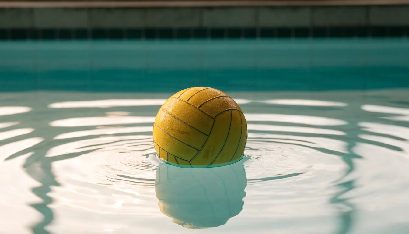 Ein gelber Ball treibt auf ruhigem türkisfarbenem Beckenwasser, feine Wellen im weichen Licht.