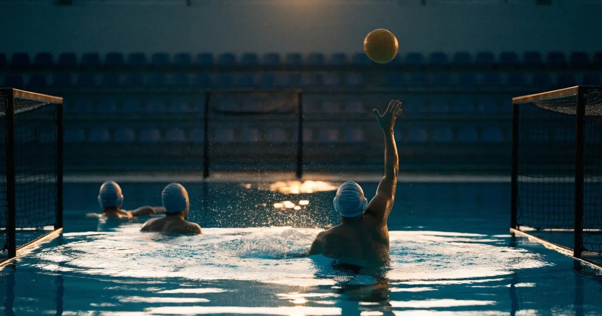 Ein Wasserballbecken am Abend mit zwei schwimmenden Torrahmen an den Enden, ruhiges blaues Wasser, leere Ränge.