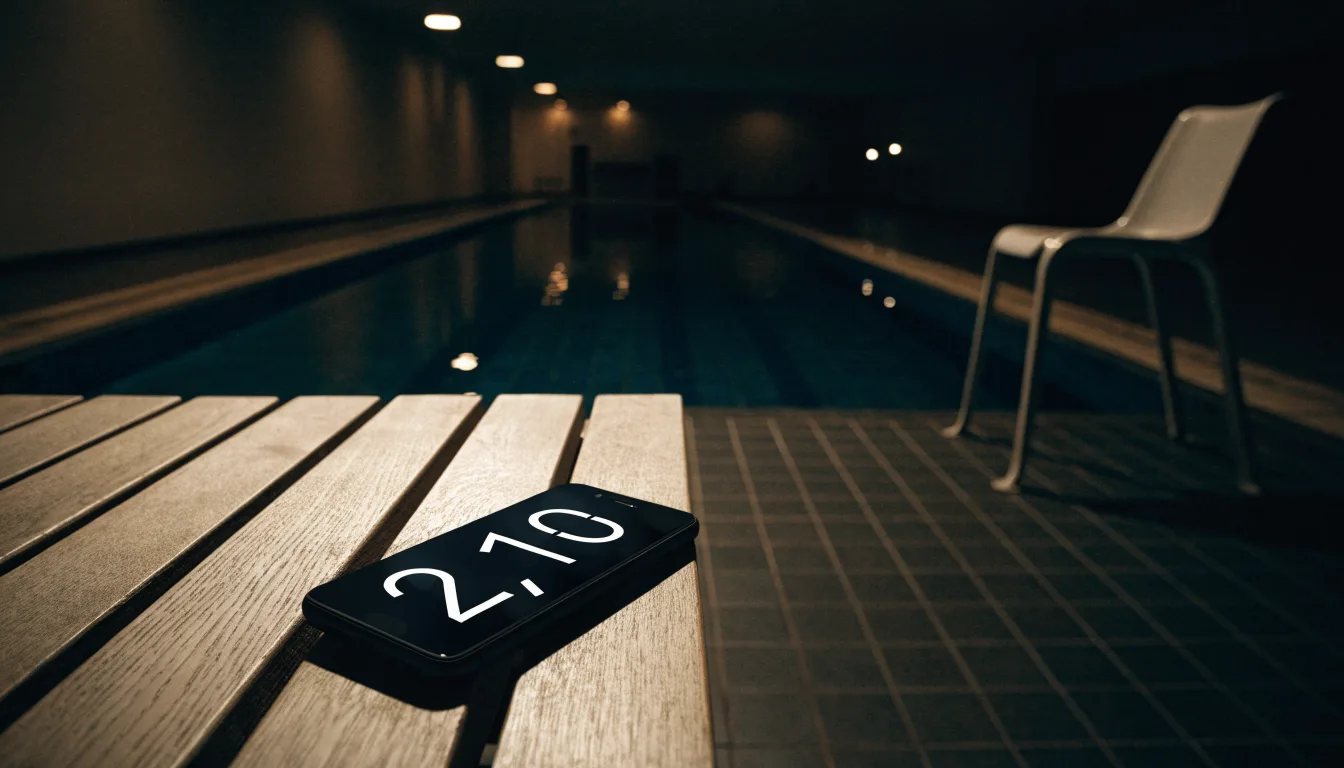 Ein Bademeisterstuhl neben einem Hallenbad zur Schliesszeit, gedimmtes Licht, glatte Wasseroberfläche.