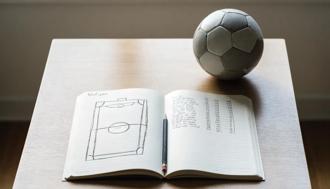 Ein aufgeschlagenes Notizbuch mit Bleistiftskizzen und ein kleiner Fussball liegen auf einem Holztisch im Tageslicht.