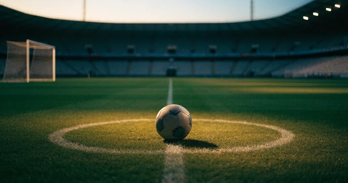 Ein Fussball liegt auf dem Anstosspunkt eines leeren Rasenplatzes, dahinter ragen die Ränge eines grossen Stadions in der Abenddämmerung auf.