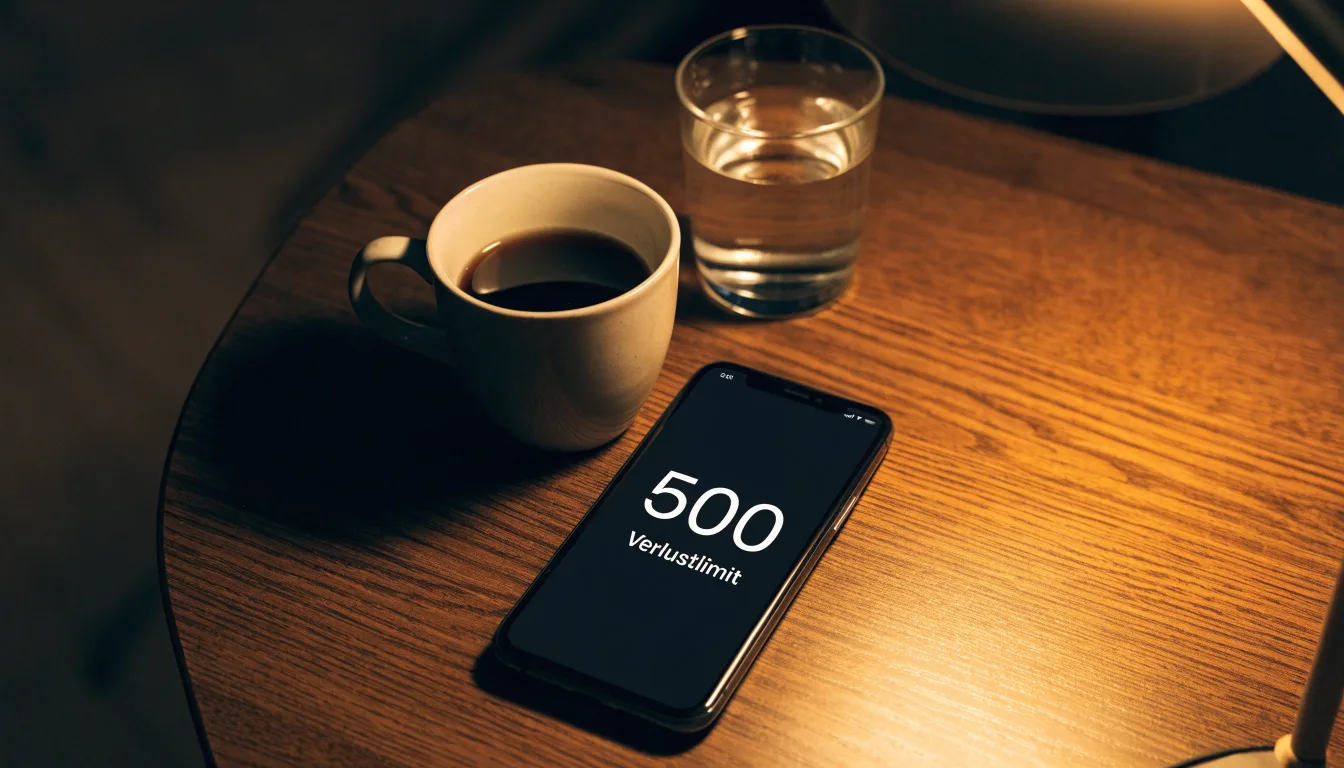 Ein Smartphone mit dunklem Display liegt neben einer Kaffeetasse und einem Glas Wasser auf einem Holztisch im Licht einer Lampe.