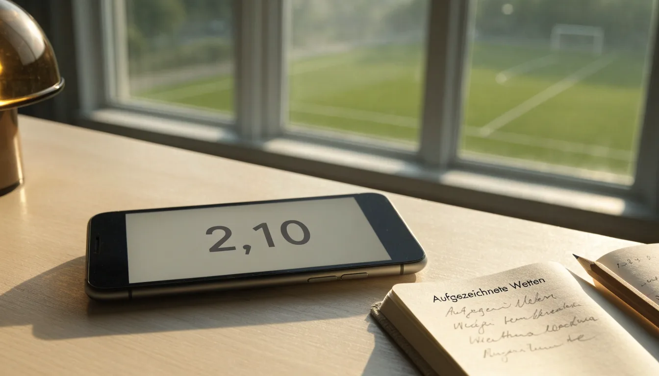 Ein Schreibtisch am Fenster mit Schreibtischlampe, Bleistift und leerem Block, draussen liegt ein Fussballplatz im Dunst.