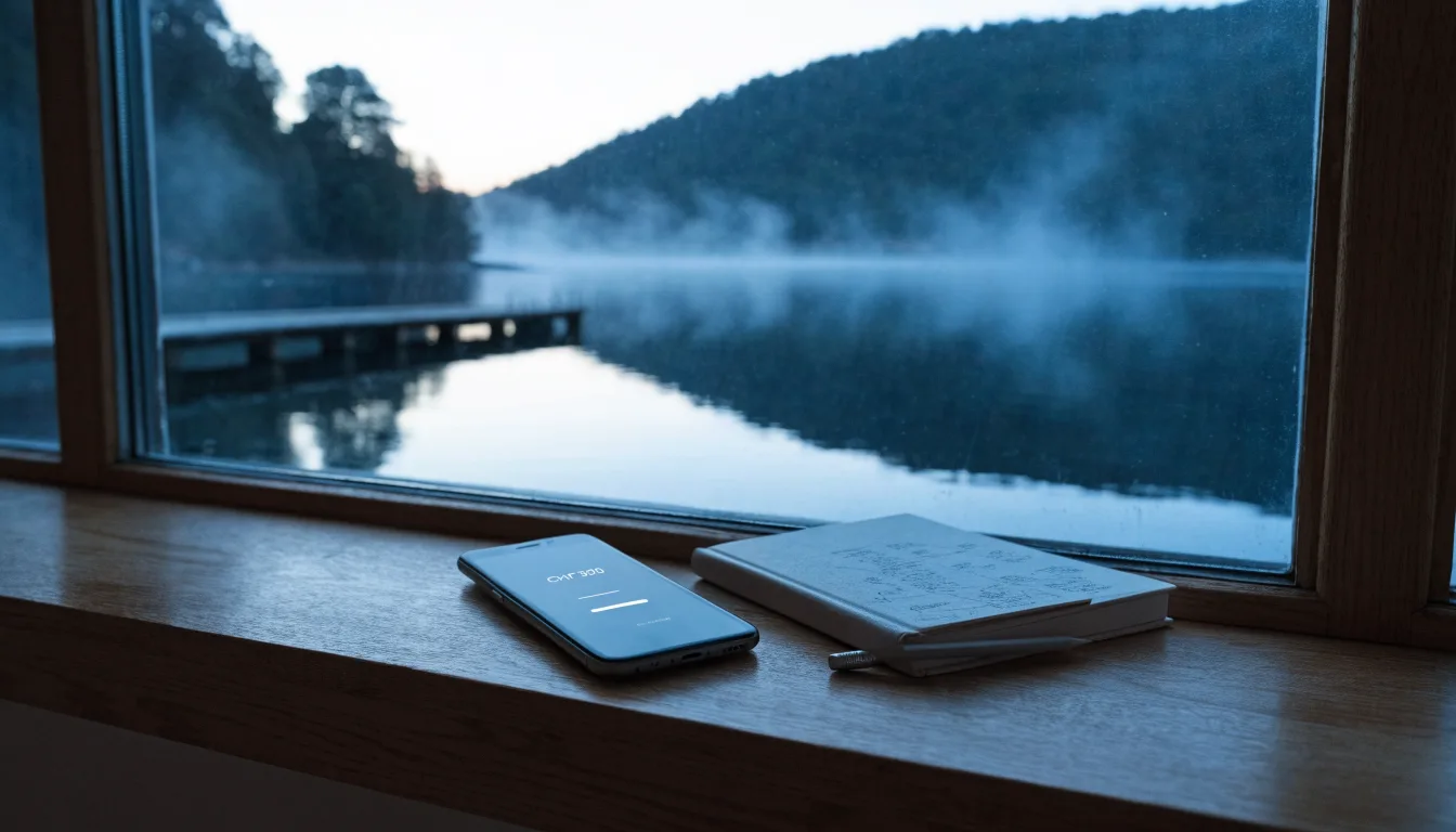 Ein Bergsee in der Dämmerung mit einem leeren Holzsteg, die Wasseroberfläche ist ruhig und Nebel zieht über die Hänge.