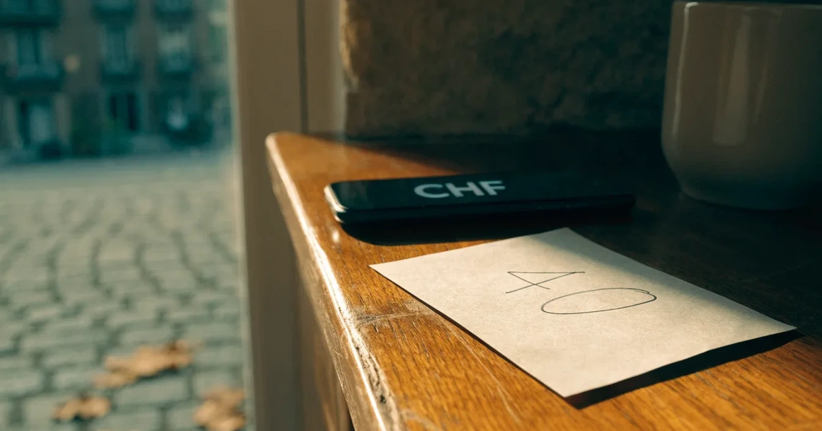 Ein Briefkasten aus Metall hängt an einer Steinmauer in einer Schweizer Gasse, Herbstlaub liegt auf dem Pflaster.