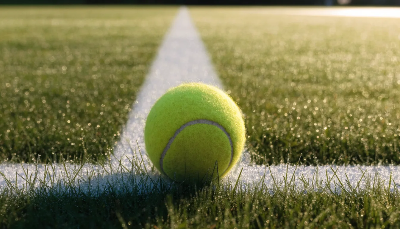 Ein gelber Tennisball liegt im Gras neben der weissen Grundlinie, Tau glitzert auf den Halmen im flachen Sonnenlicht.