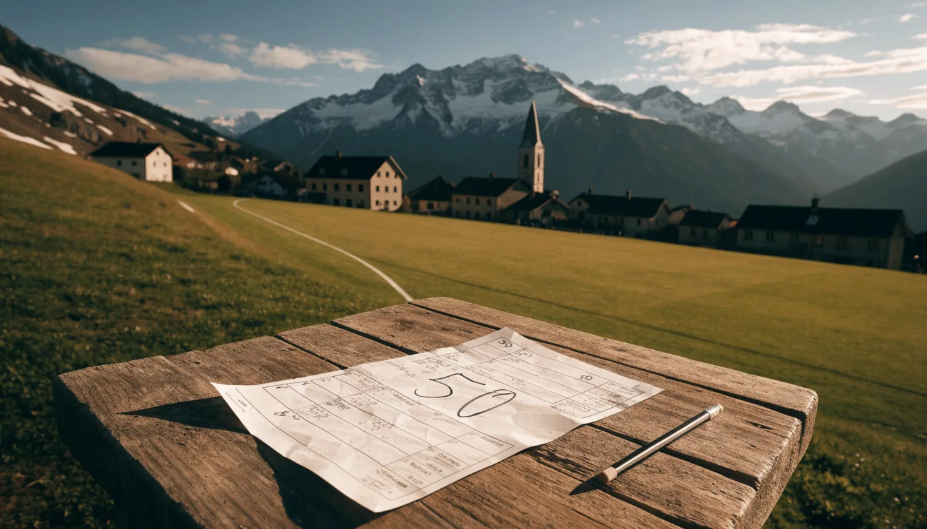 Ein Schweizer Bergdorf mit Kirchturm und einem kleinen Fussballplatz am Hang, im Hintergrund schneebedeckte Gipfel.
