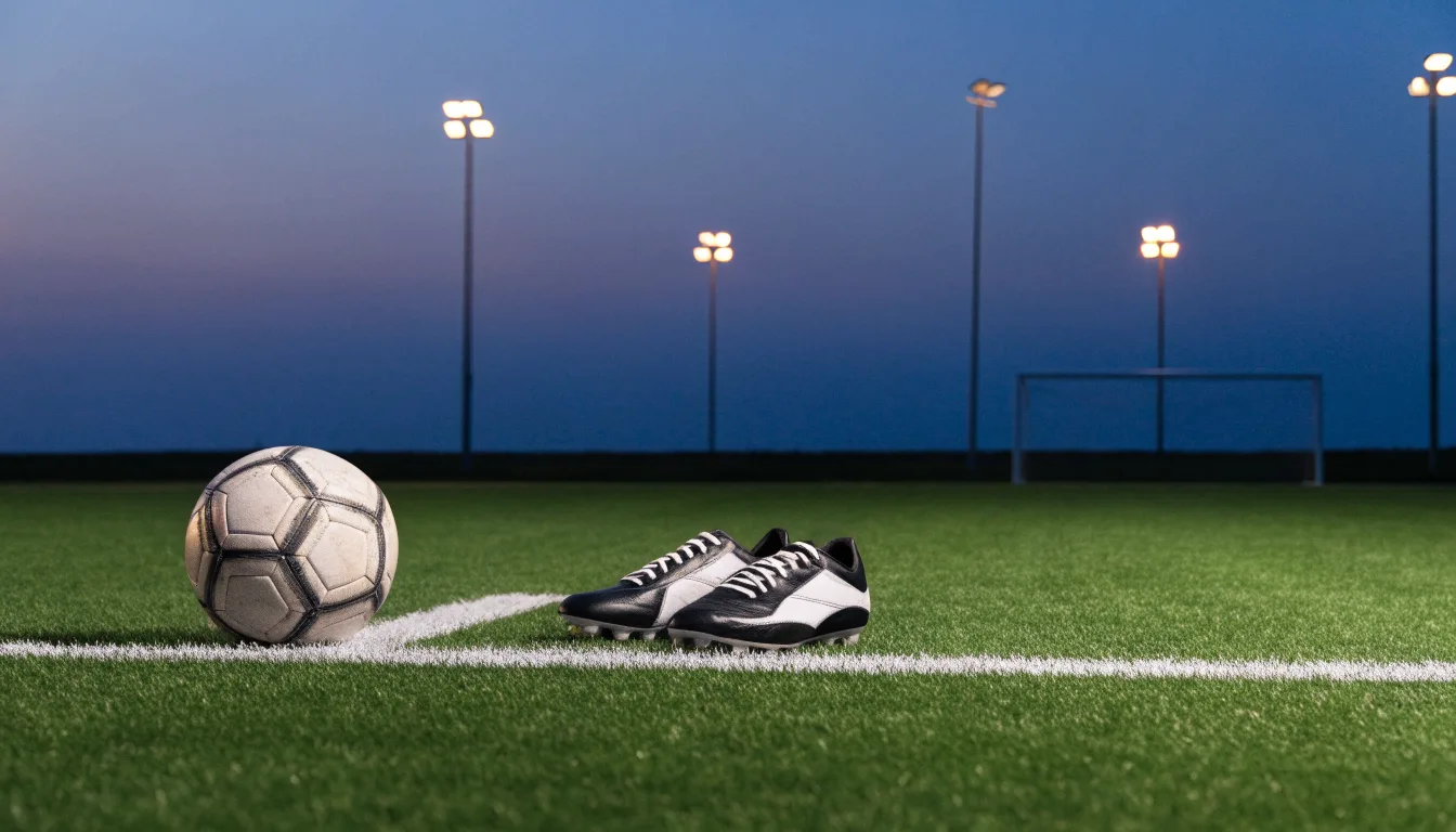 Ein Fussball und ein Paar Stollenschuhe stehen am Rand eines Kunstrasenplatzes, Flutlichtmasten ragen in den Abendhimmel.