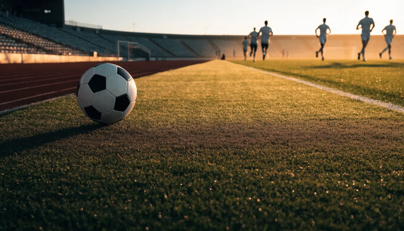 Eine rote Laufbahn umringt ein Fussballfeld beim Sonnenaufgang, auf dem Rasen liegt Tau.