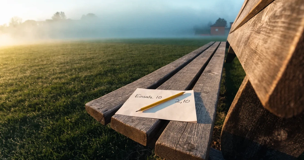 Ein Klemmbrett mit leerem Papier und ein Bleistift liegen auf einer Tribünenbank, darunter ein Rasenplatz im Frühnebel.