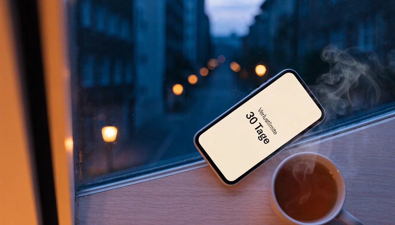 Eine Sanduhr steht auf einem Fensterbrett neben einer Tasse Tee, draussen dämmert es über einer ruhigen Strasse.