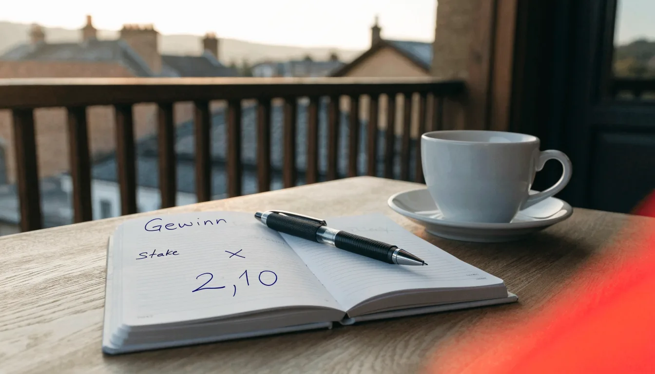 Eine Kaffeetasse und ein aufgeklappter leerer Notizblock stehen auf einem Balkontisch mit Blick über Hausdächer.