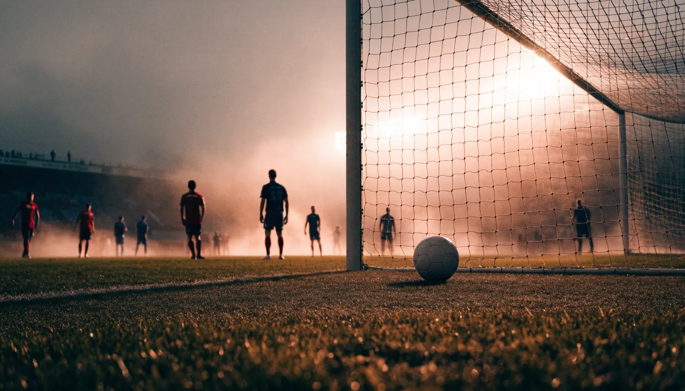Ein Torpfosten mit Netz steht im Gegenlicht auf einem leeren Fussballplatz, über dem Rasen liegt Nebel.