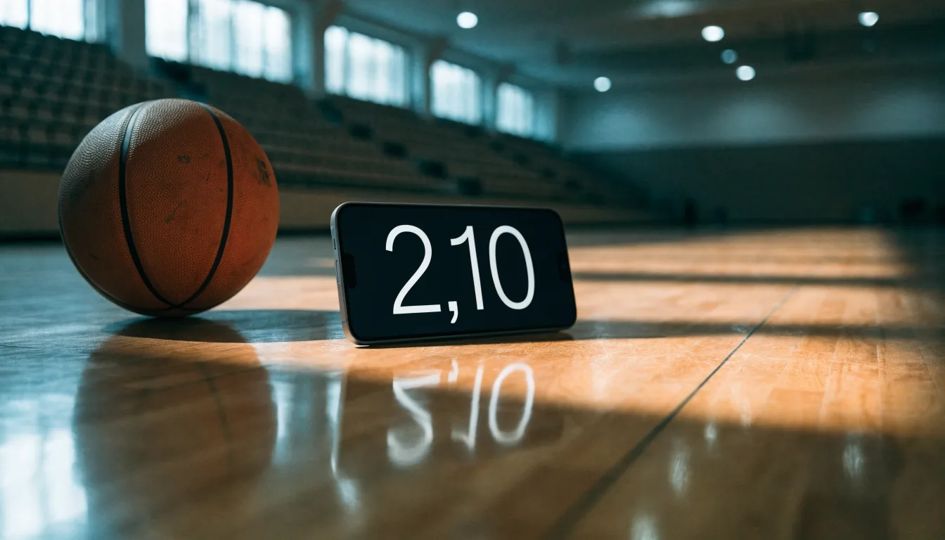 Ein Basketball liegt auf dem Parkett einer leeren Sporthalle im Licht der Deckenlampen.