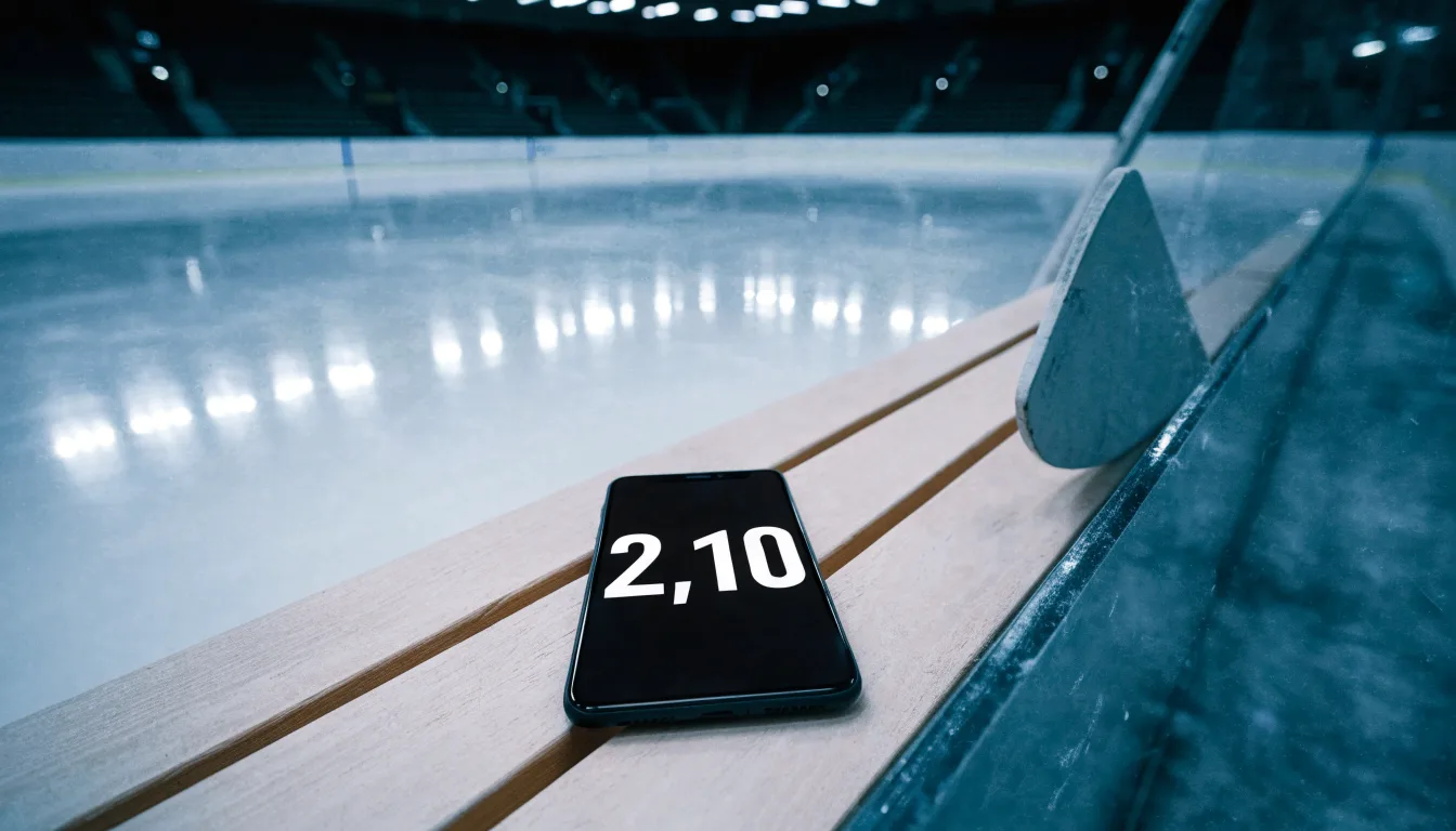 Ein Eishockeyschläger lehnt an der Bande einer leeren Halle, auf dem Eis spiegeln sich die Deckenlampen.