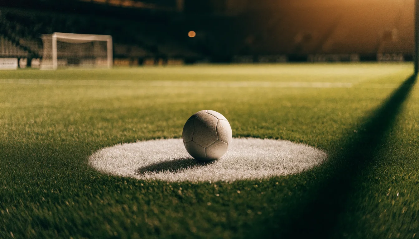 Ein einzelner Fussball liegt auf dem Elfmeterpunkt eines leeren Strafraums, der Rasen glänzt nass.