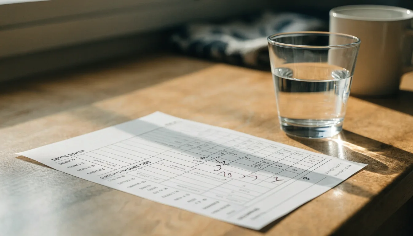 Ein altes Radio steht auf einer Küchenablage neben einem Glas Wasser, Morgenlicht fällt durchs Fenster.