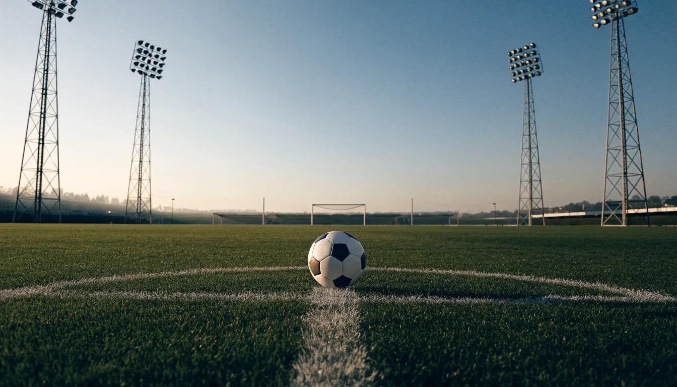 Ein Fussball liegt auf dem Mittelpunkt eines leeren Rasenplatzes, im Hintergrund ragen Flutlichtmasten in die Abenddämmerung