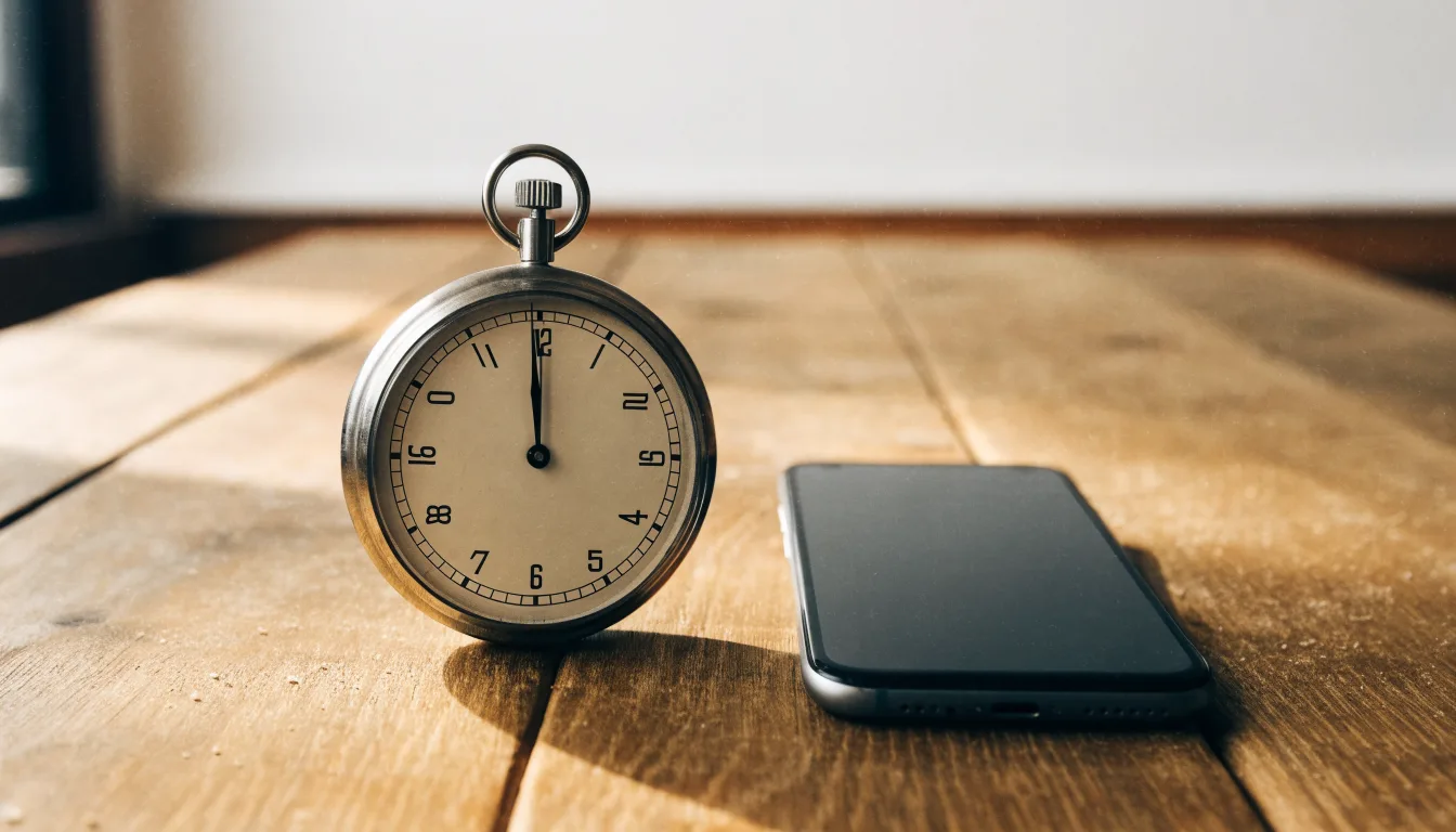 Eine Stoppuhr und ein Smartphone mit dunklem Display liegen nebeneinander auf einem Holztisch, weiches Fensterlicht