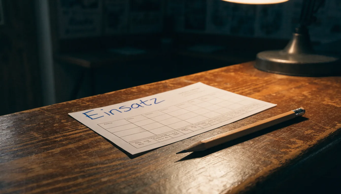 Ein leerer Wettschein aus Papier und ein Bleistift liegen auf einem Holztresen, warmes Licht einer Lampe