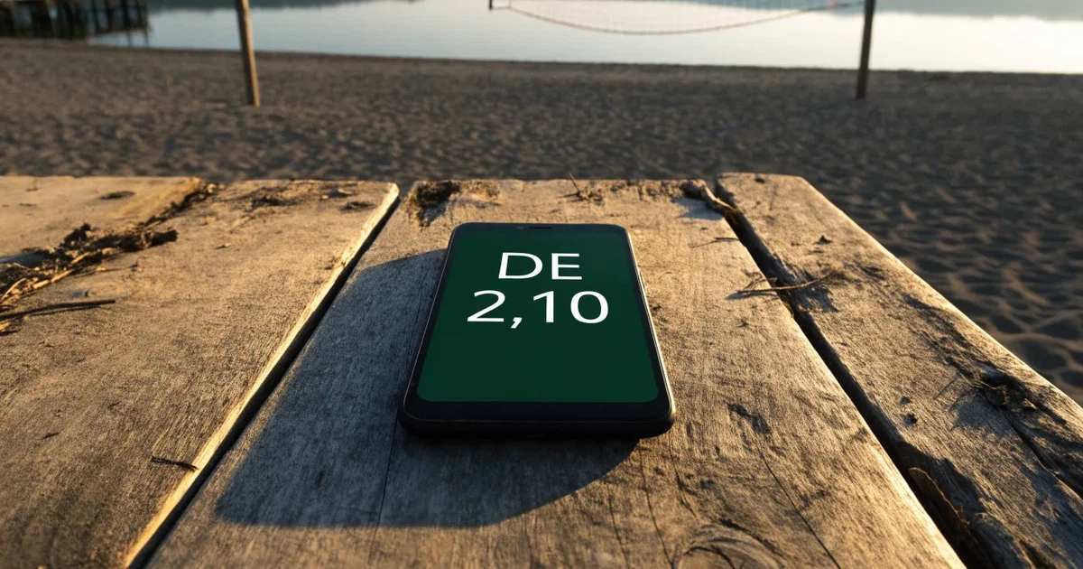 Ein Volleyballnetz am Sandstrand eines Sees, späte Nachmittagssonne, das Wasser liegt glatt im Hintergrund