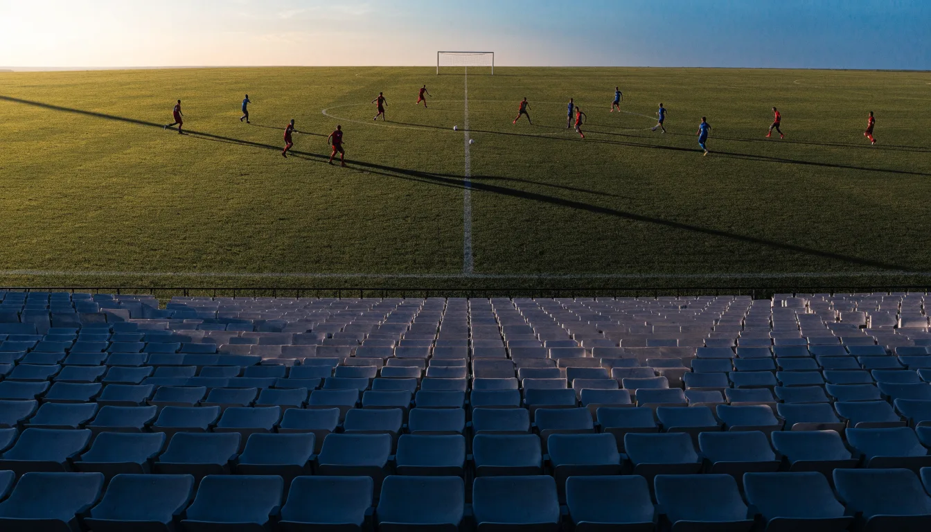 Eine leere Stadiontribüne bei Sonnenaufgang aus der Ferne, lange Schatten fallen über die Sitzreihen