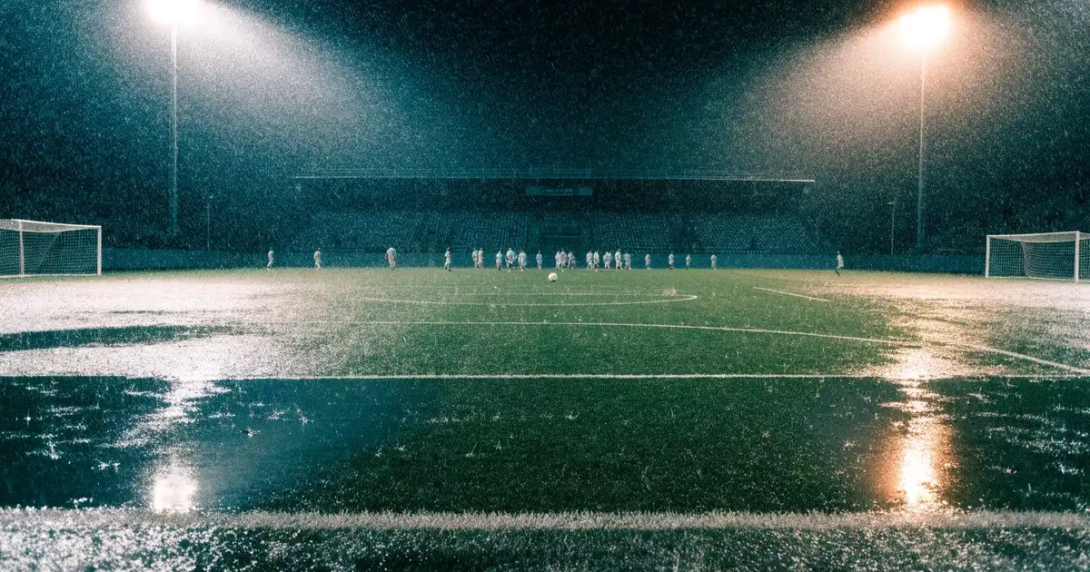 Ein Fussballplatz mit Kunstrasen im Regen, Pfützen spiegeln das Licht der Flutlichtmasten