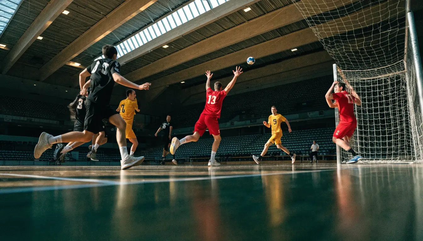 Ein Handball liegt auf dem Hallenboden einer leeren Sporthalle, Streifen von Licht aus den Oberlichtern
