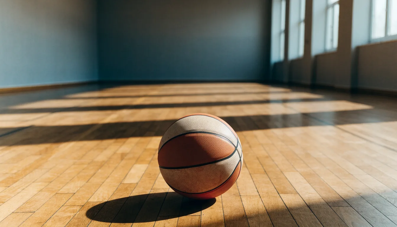 Ein Basketball ruht auf dem polierten Parkett einer leeren Halle, Nachmittagslicht fällt durch hohe Fenster.