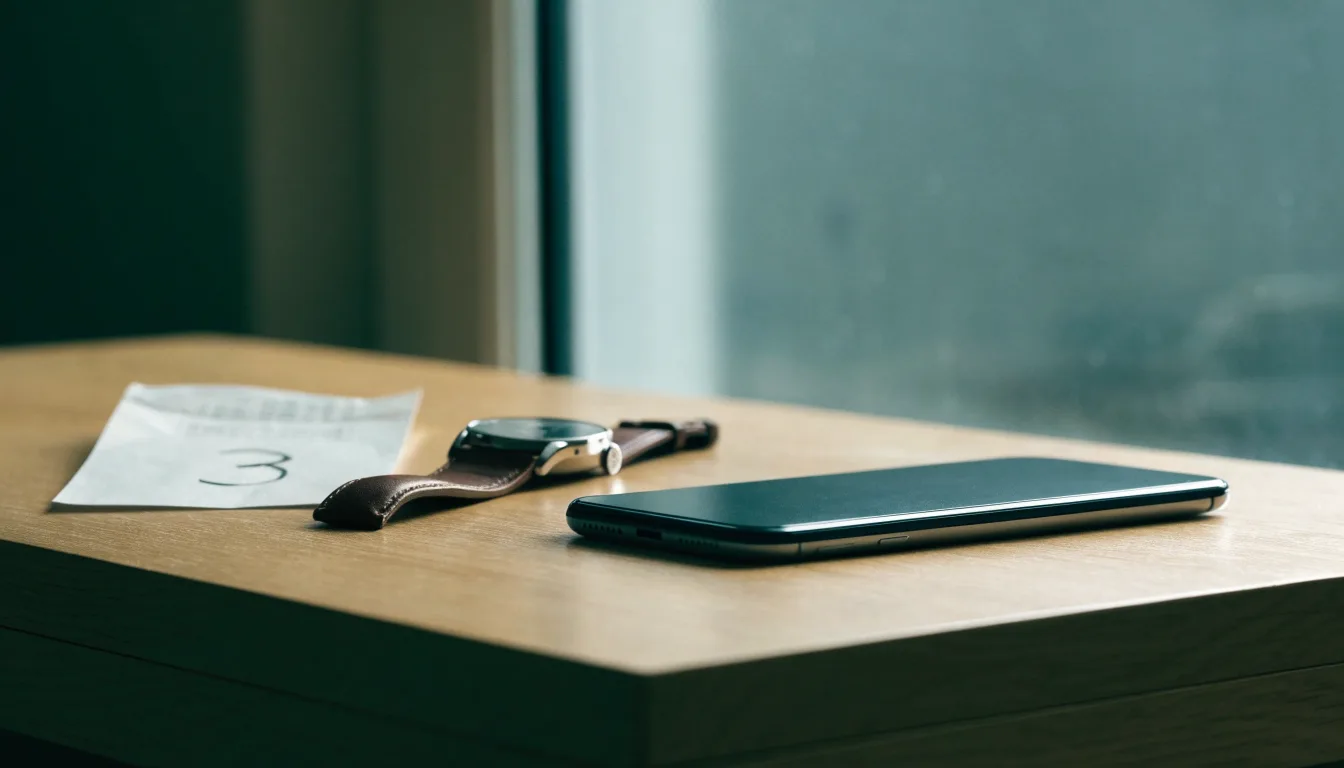 Ein Smartphone liegt mit dem Display nach unten auf einem Tisch neben einer Armbanduhr, im Hintergrund ein unscharfes Fenster.